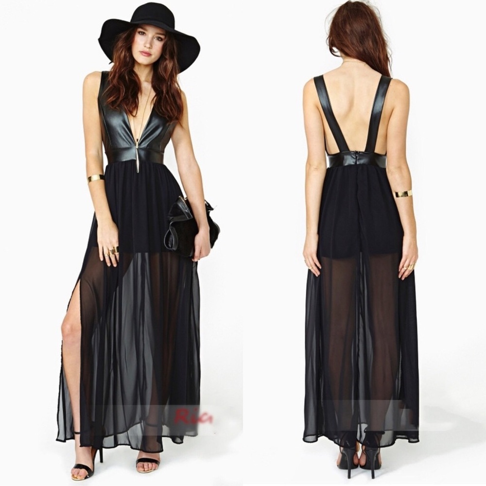 ✨ V-Neck Sleeveless Pu Split Slit  Maxi Dress✨